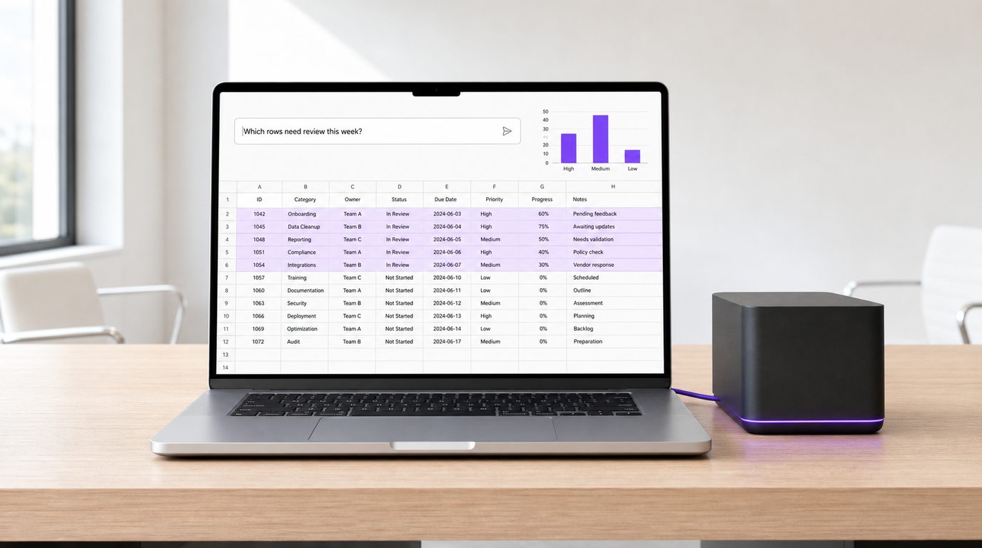 A laptop showing a spreadsheet with highlighted rows and a summary bar chart above it, connected by cable to a local AI server