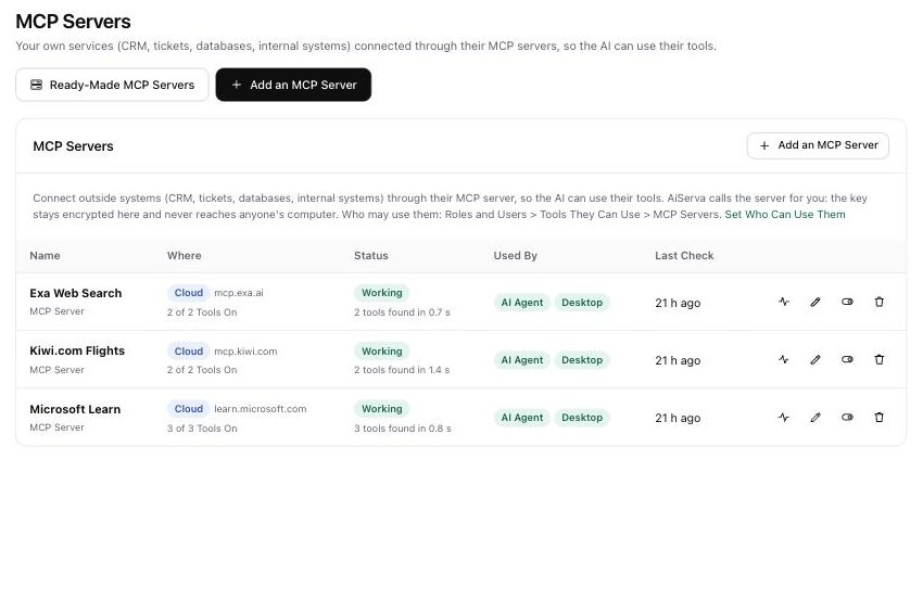 AiServa MCP Servers page with servers marked Working